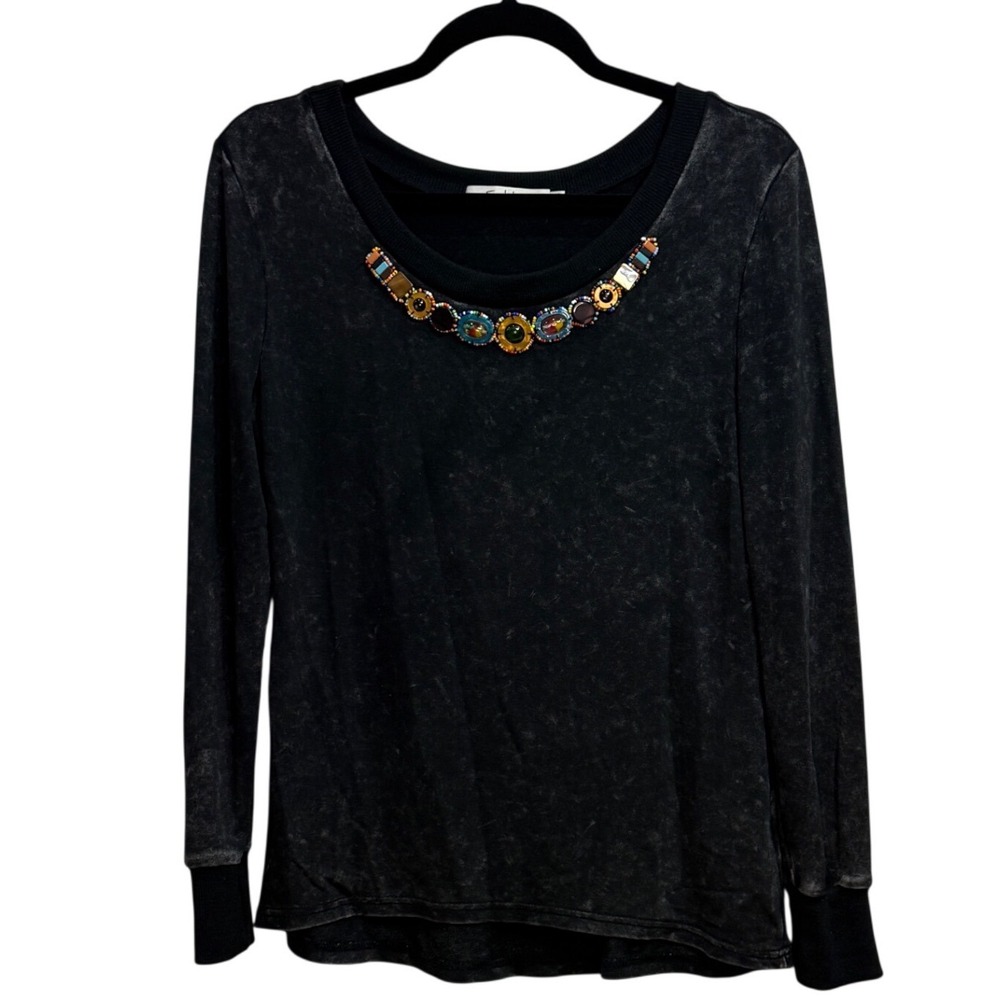 Solitaire Womens Size M Embellished Crew Neck Indie Long Sleeve Washed Black Top - Picture 1 of 8